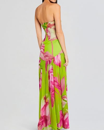 Image of Women 's Tube Top Dress Sleeveles Strapless Backless Mesh Patchwork Tropical Leopard Print High Slit Maxi Dress