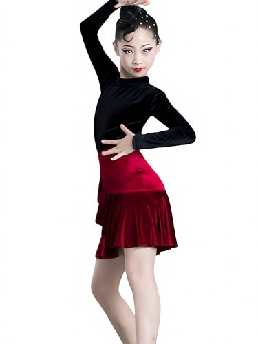 Latein-Kleid für Mädchen Langärmelig Lateinamerikanisches Tanzkleid Aus Samt Ballsaal Wettbewerb Partyrock Bühnenkostüm Übungskostüm (160)