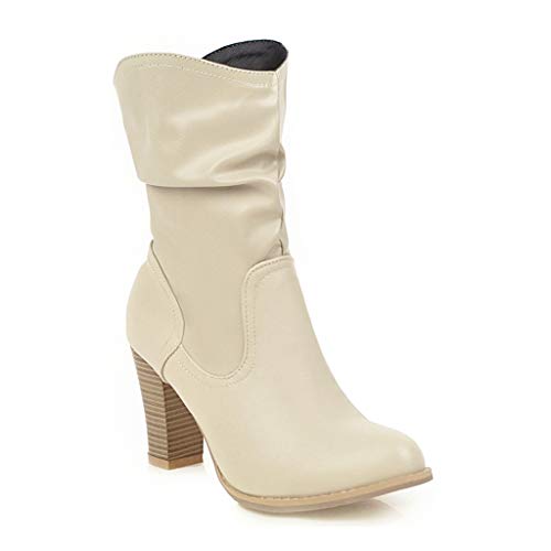 MIOKE Women's Fashion Western Slouch Ankle Boots Round Toe Chunky Block High Heel Cowboy Dress Short Booties