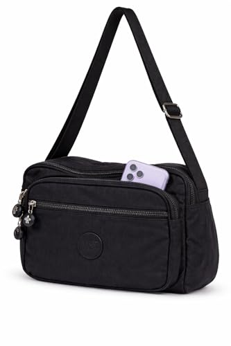 Bolsa Transversal Feminina Impermeável com Múltiplos Bolsos e Alça Ajustável, Bolsa em Poliéster Resistente para Trabalho, Faculdade, Viagem e Dia a Dia (Preto)