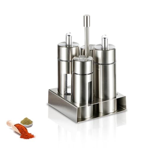 Dispenser di Sale Per Olio in Metallo 4 in 1, Set di dispenser per olio e aceto in Acciaio Inossidabile da 4 Pezzi E Set di Shaker Per Spezie con Supporto Per Bottiglie di Condimento di Aceto E Pepe