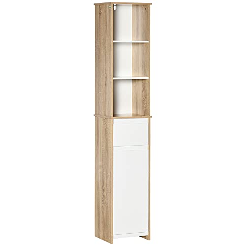 kleankin Meuble Colonne Rangement Salle de Bain Style Cosy 3 niches tiroir Placard avec étagère Blanc Aspect chêne Clair