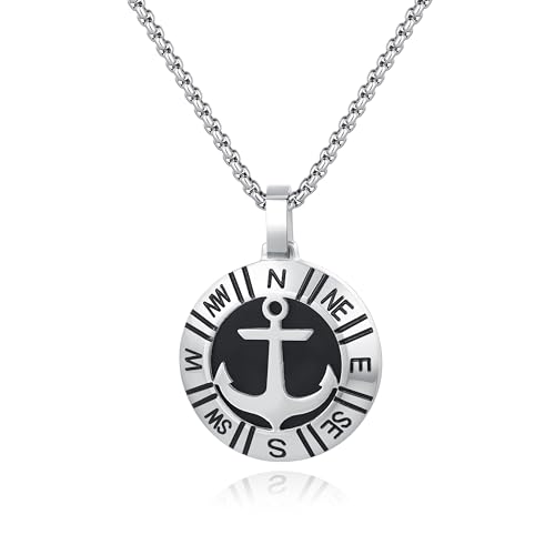 GAVU Collier Chaîne Pendentif Ancre Boussole Argenté Vintage Homme 60cm