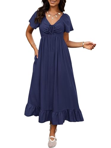 Image of BTFBM Womens Summer Dresses 2026 Casual Short Sleeve V Neck Drawstring Wedding Guest Maxi Dresses Boho Beach Long Dress