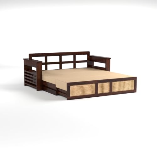 Image of PS DECOR Solid Sheesham Wood 3 Seater Sofa Cums Bed with Cane Panel | Wooden Sofa Bed with Cushioned Seating & Backrest