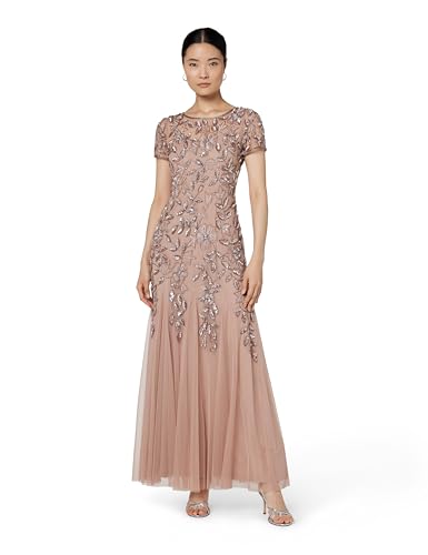 Adrianna Papell Women's Floral Beaded Godet Gown, Rose Gold, 18