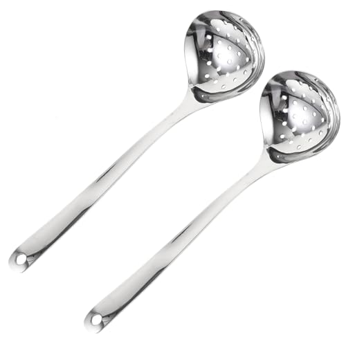 Mikinona 2pcs Long Handle Slotted Serving Spoons Food Grade Stainless Steel Deep Design for Soup Hot Pot Noodles Kitchen Utensils for Home Party and Restaurant Use