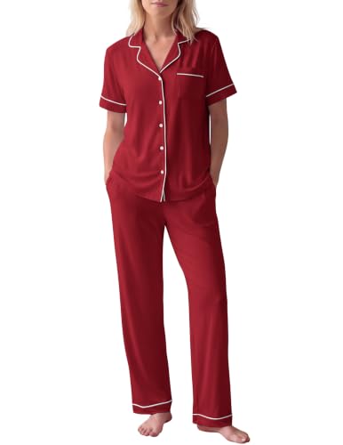 Image of HNG Women Pajamas Set 2 Piece Button Up Pajamas Pant and Short Sleeve Shirt for Woman Pj Sets with Pocket