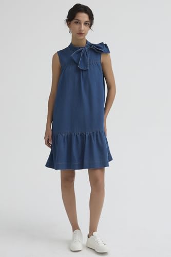 Denim Dress for Women Summer Sleeveless Mock Neck Ruffle Hem Babydoll Jean Dress with Bow2