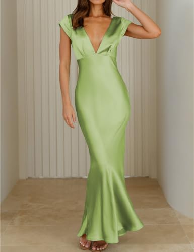 Image of Halfisland Womens Summer Satin V Neck Cap Sleeve Midi Dress Wedding Guest | 2026 Summer,Backless,Hollow Out,Long,Formal,Cocktail,Twist,Bridesmaid,Party,Baby Shower,Short Sleeve,Beach,Elegant,Evening