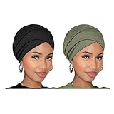 TuTive 2 Pieces Stretch Turbans Reversible Turban Soft Easy Knot Hijab Urban Hair Scarf Sleeping Headscarf Fashion Extra Wide Headbands Scarves Head Wraps for Women Locs Headwear Cap（Black,Army Green）