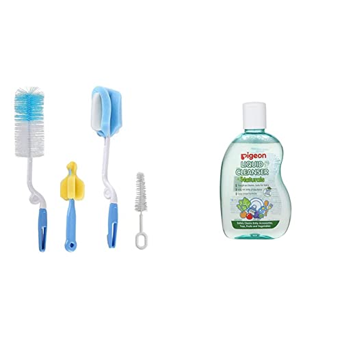 Image of SYGA 4 Pcs Baby Milk Bottle Nipple Straw Brush Sponge Nylon Cleaning Brush Cleaner Bottle Tong Set R&Pigeon Liquid Cleanser Bottle, 200 Ml - Multicolor