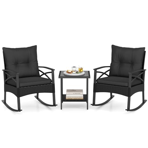 Image of Tangkula 3 Pieces Wicker Outdoor Rocking Chairs Set | Heavy Duty | Cushioned | Rattan Rocker Bistro Set w / 2-Tier Tempered Glass Coffee Table for Garden, Balcony, Backyard
