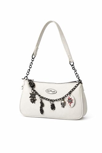 ED HARDY Shoulder Handbag with Chain Charm Accent Top Zip Adjustable Strap Compact Baguette Style White