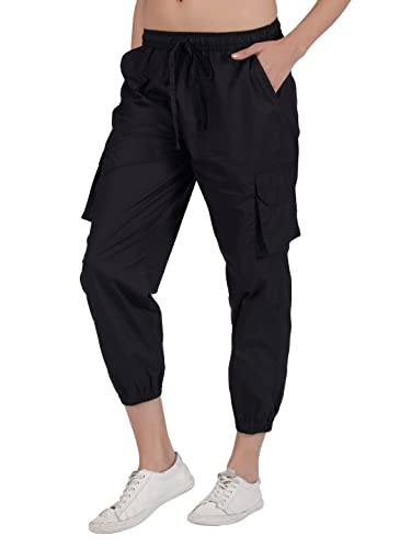 Image of fabcoast Multi-Pocket Cargo Cotton Poplin Jogger Pants for Women Summer Wear Full Elastic with Drawstring and 2 Side Pockets, 2 Back Pockets and 2 Leg Pockets
