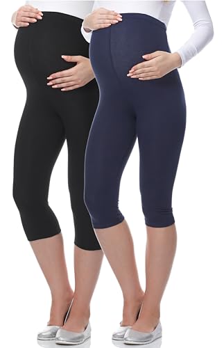 Be Mammy Premamá Lote de 2 Leggins 3/4 Mallas pirata de Embarazo Lactancia Maternity Leggings capri 03 (Negro/Azul Oscuro, L)