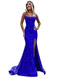 EAURIC Royal Blue Strapless Glitter Prom Dress Long Sparkly Long Mermaid Train Evening Party Cocktail Gowns with Slit for Women Size 12