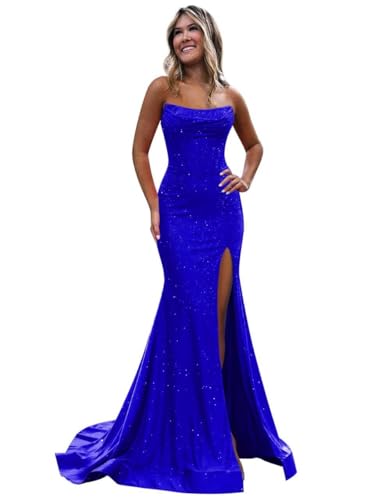 EAURIC Royal Blue Strapless Glitter Prom Dress Long Sparkly Long Mermaid Train Evening Party Cocktail Gowns with Slit for Women Size 12
