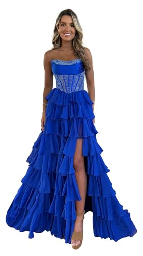 Prom Dresses for Women Sparkly Sequins Tiered Chiffon Formal Dress with Slit Strapless He5095