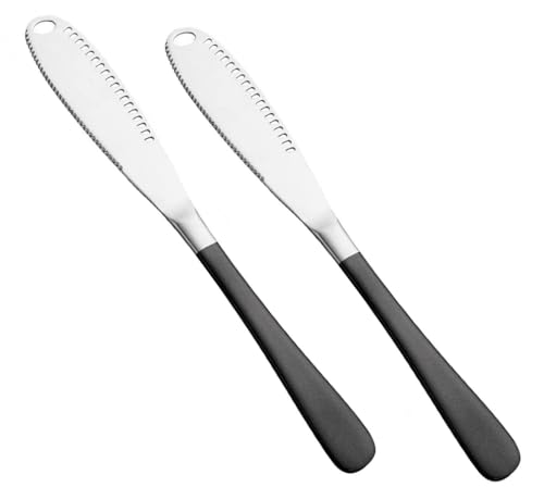 Image of Butter Spreader Knife, Stainless Steel, 3 in 1 Kitchen Gadgets, Curler, Butter Grater, Shredding Slots and with Serrated Edge Knife with Hole(Silver-Black, Pack of 2)
