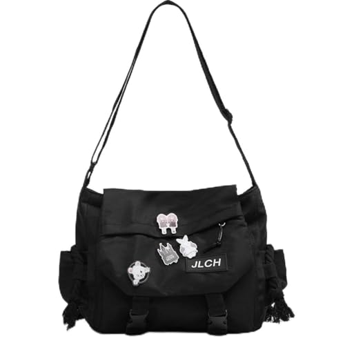 CHENXIAOHONG Bolsa mensageiro feminina grande com alça transversal, estilo escolar, com patches e opção com ursinho – bolsa de ombro espaçosa para faculdade e dia a dia.(Preto + borda)