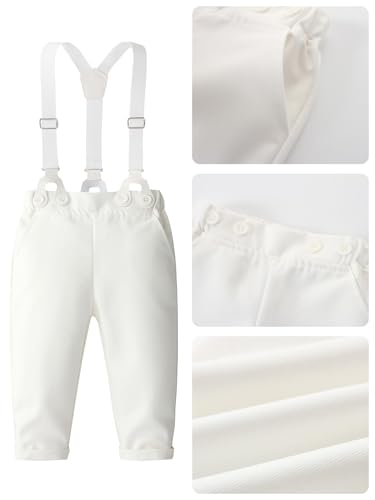 Image of SALNIER Baby Boy 5PCS Formal Outfit Soft Cotton Romper Suspender Pants Bowtie Beret Hat Infant Wedding Birthday Party Suit