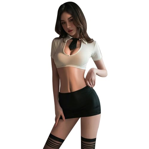 Temptshow Sexy Sekretärin für Damen, Cosplay, Anime, Lehrerin, Babydoll, schwarz und weiß, Einheitsgröße