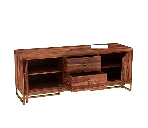 Image of Premium Solid Sheesham Wood TV Unit with 2 Drawers, 4 Shelves, and 2-Door Storage - Accommodates up to 55-Inch TV - Ideal for Living Room (Zane, Honey Finish)