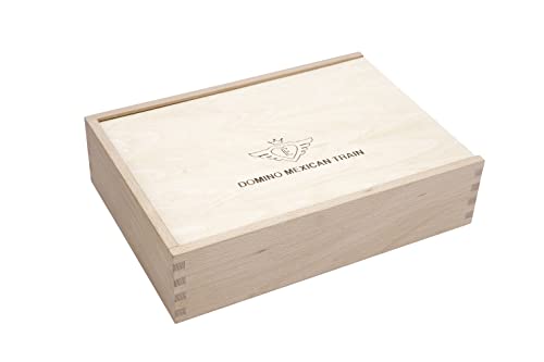 Engelhart - 250120 - Mexikanisches Domino Zug D12 Deluxe - Holzkasten - Punkteblock - Holzbahnhof - 8 Metall-Lokomotiven - 91 Dominosteine - 2 bis 8 Spieler