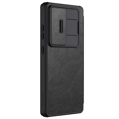 Image of Nillkin Case for Samsung Galaxy S25 Ultra (6.8 inch Inch) Qin Pro Camshield Camera Slider Genuine Classic Leather Flip Folio + Card Slot Black Color