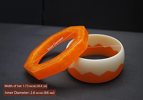 Image of Wheedle Sextuple - Value Set of 2 bold Handmade Resin Bangles Joinery Art design & Octagonal in Autumn Glory Orange & Ivory Color satin smooth in pure cotton designer gift bag for girls & Women