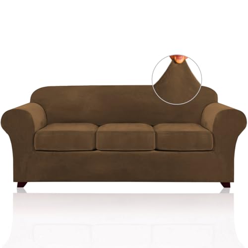 PrinceDeco Velvet Couch Covers for Sofa Soft 4 Pieces Couch Covers for 3 Cushion Couch Sofa Pet Friendly Furniture Protector with Non Slip Elastic Bottom Width Up to 90 Inch (Large, Bronze Brown)