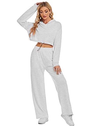 Cozypoin Women's 2 Piece Outfits Cropped Hooded Sweatshirt And Long Pants Workout Athletic Tracksuit Sweatsuits(Lightgrey-M) #TOP2