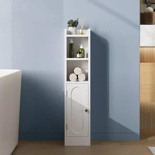 MYBEILEYI Kleiner Badezimmerschrank, schmaler Aufbewahrungsschrank mit Türen und verstellbaren Regalen, freistehender Eck-Toilettenpapier-Organizer für kleine Räume, Weiß