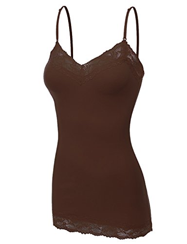 XT1004L Ladies Adjustable Spaghetti Strap Lace Trim Long Tunic Cami Tank Top Brown XL