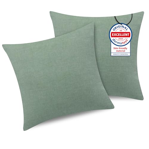 ATsense 2er Set Kissenbezug 40x40 cm - 100{87829ece065d7cd6c75aab9a9092c247a15a949bdff7776351431831a95b811e} Gewaschene Baumwolle, Einfarbig Grün Kopfkissenbezug mit Reißverschluss, Oeko-TEX Zertifiziert Weich, Nicht Lleicht Verformbar