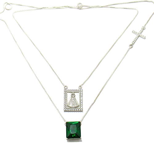 Escapulário Prata 925 Nossa Senhora Zircônias Pedra Verde