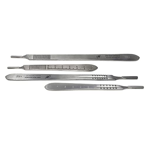 Scalpel Handles #3+3L+#4+4L Set of 4 Pcs Stainless Steel Blade Holder with Ruler 0-6cm for Biology Labs, Educational-Use, DIY Crafts, Model Making, Repairing Fits Blades No 10-16 & 20-25