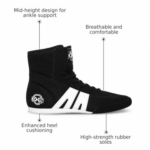 Image of RXN Gold Medal Boxing Shoes for Men | Lightweight High Top Boxing Boots with Anti-Slip Non-Marking Rubber Sole | Breathable Mesh Upper | Training, Sparring & Competition Boxing Shoes