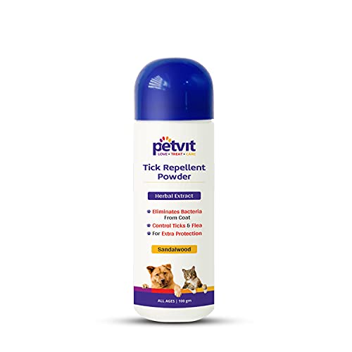 Petvit Tick Repellent Powder with Sandalwood, Bakuchi | for Ticks and Fleas, Itching, Fungal Infection| Paraben Free & pH-Balance -for All Breed Dog & Cat – 100gm