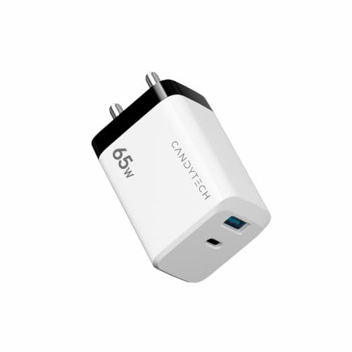 Image of Candytech CT-C10 65W PD+PPS Charger Adapter, 2 Ports - Type C & 1 USB PD+PPS for Samsung, Fast Charger with All Type-C Devices (White)