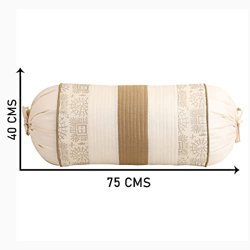 Image of Gifts Island Set of 2 Polyester Silk Traditional Hand-Block Printed & Striped Bolster Covers (Beige)