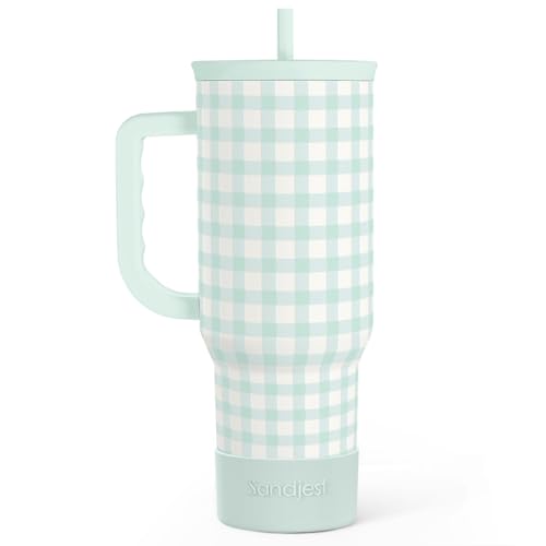 Image of SANDJEST Mint Gingham 40oz Slider Tumbler with Handle and Straw - Insulated Stainless Steel Travel Coffee Mug for Women Girls, Gift for Birthday, Christmas