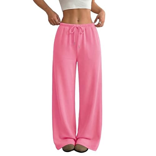 Wide Leg Sweatpants for Women High Waisted Baggy Sweat Track Pants Drawstring Casual Lounge Pants with Pockets Pink Small