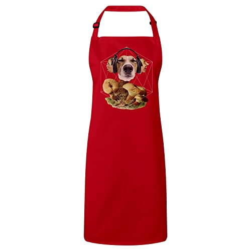 Tablier cuisine rouge avec motif chien casque audio et champignon vintage