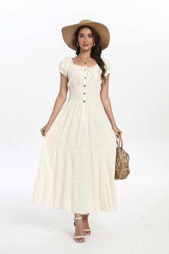 Image of Women's Boho Floral Maxi Dress, Short Sleeve Smocked Tiered Summer Casual Beach Dress
