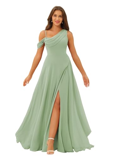 YOFF One Shoulder Bridesmaid Dresses with Slit Long Chiffon Cold Shoulder A-Line Formal Party Dresses with Pockets YO002
