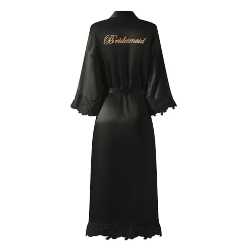 Image of Women's Long Bride Bridesmaid Robes with Lace Trim Embroidery Bridal Silky Satin Kimono Wedding Party Bathrobe