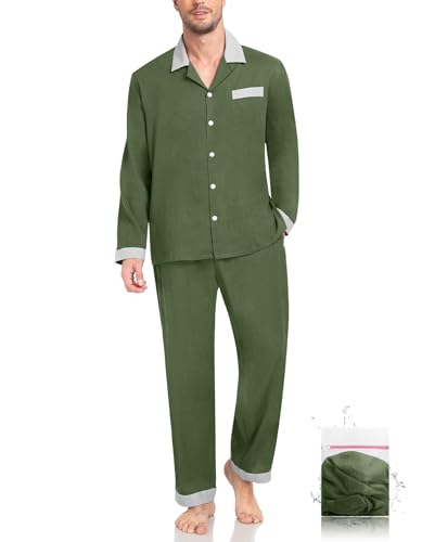 Mens Pajama Set Long Sleeve Sleepwear Classic Button Down Loungewear Soft Sleepwear Pj Set with Pockets S-2XL