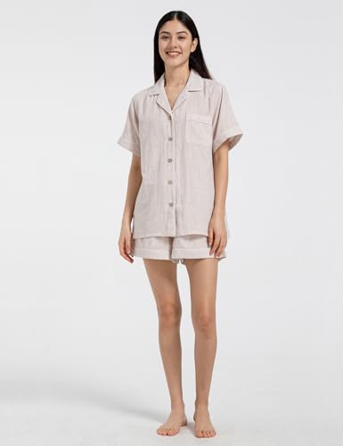 Image of Womens Muslin Pajama Sets 100% Cotton Double Gauze Linen Like Short Pjs | Breathable Soft Comfort Button Up Loungewear Sleepwear PJ Set